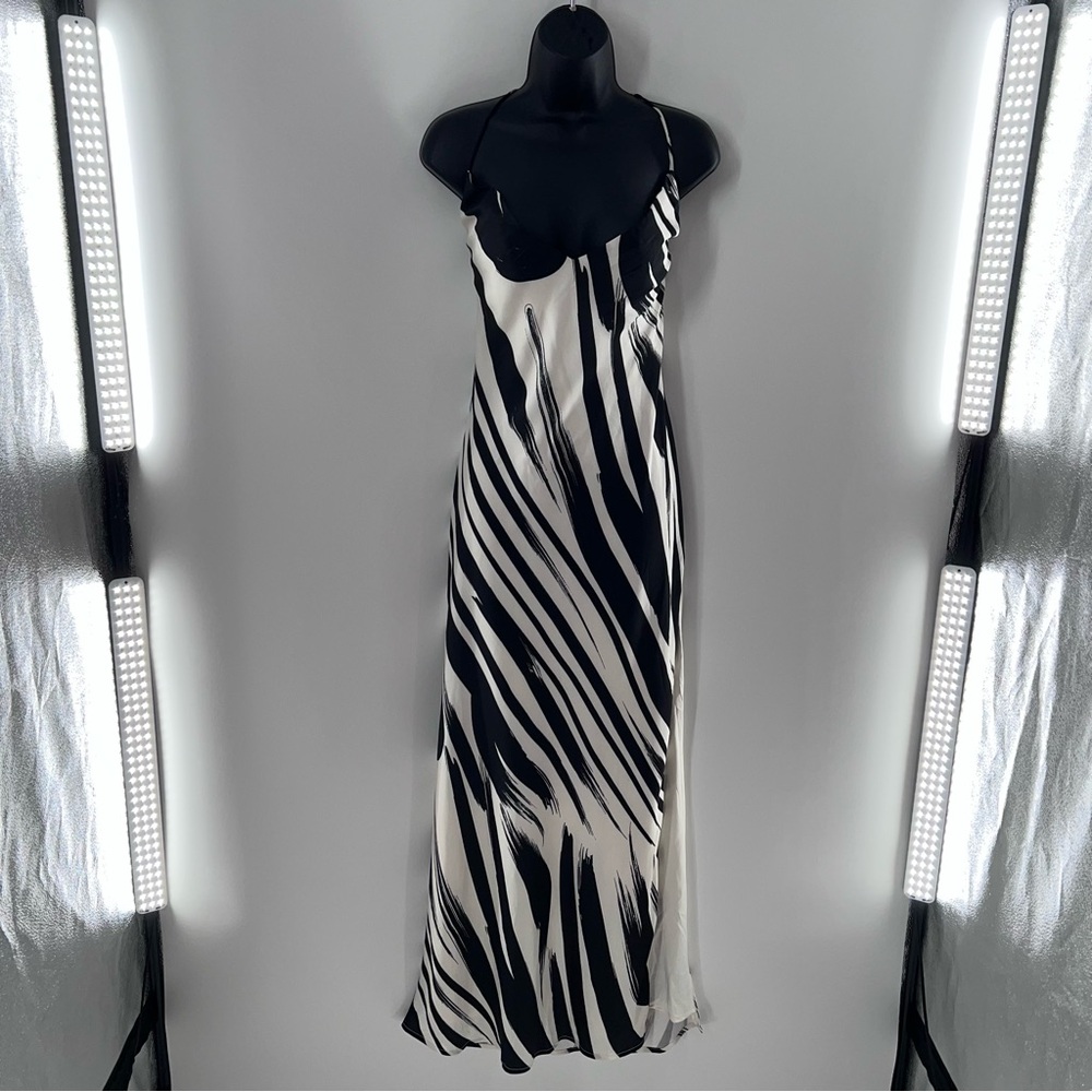 Meshki Emmanuela Black and White Zebra Print Maxi Strappy Slip Dress-Size L